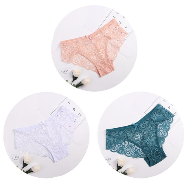 3pcs/Pack! Sexy Women Lace Panties Underwear Lace  Briefs S M L XL Transparent  Floral Bow Soft Lingerie