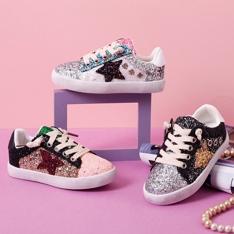 2021 New girls&#39; shoes casual boys&#39; Board Shoes Fashion sequins shoes Children&#39;s Glitter star shoes Princess Kids Sneaker XZ19107