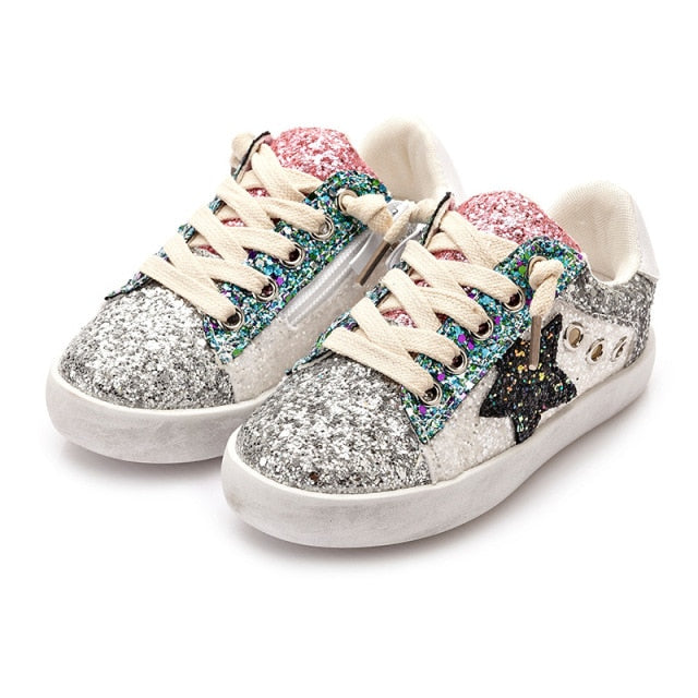 2021 New girls&#39; shoes casual boys&#39; Board Shoes Fashion sequins shoes Children&#39;s Glitter star shoes Princess Kids Sneaker XZ19107