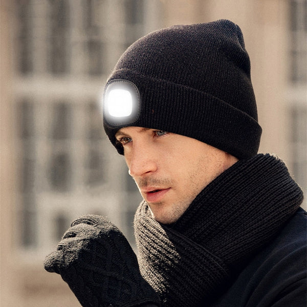 LED Beanie Torch Hat with Light Men/Women Hat Winter Warm Headlamp Cap with 3 Brightness Levels 4 Bright LED for Camping Fishing